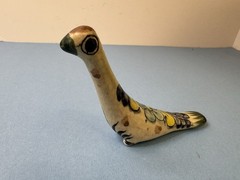 Mexican Hand-painted Tonala Pottery Long Neck Bird Gray Blue Figurine Signed