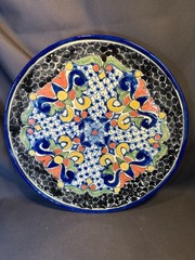 Handcrafted Large Mexican Folk Art Painted Round Platter 13.75 in. Signed