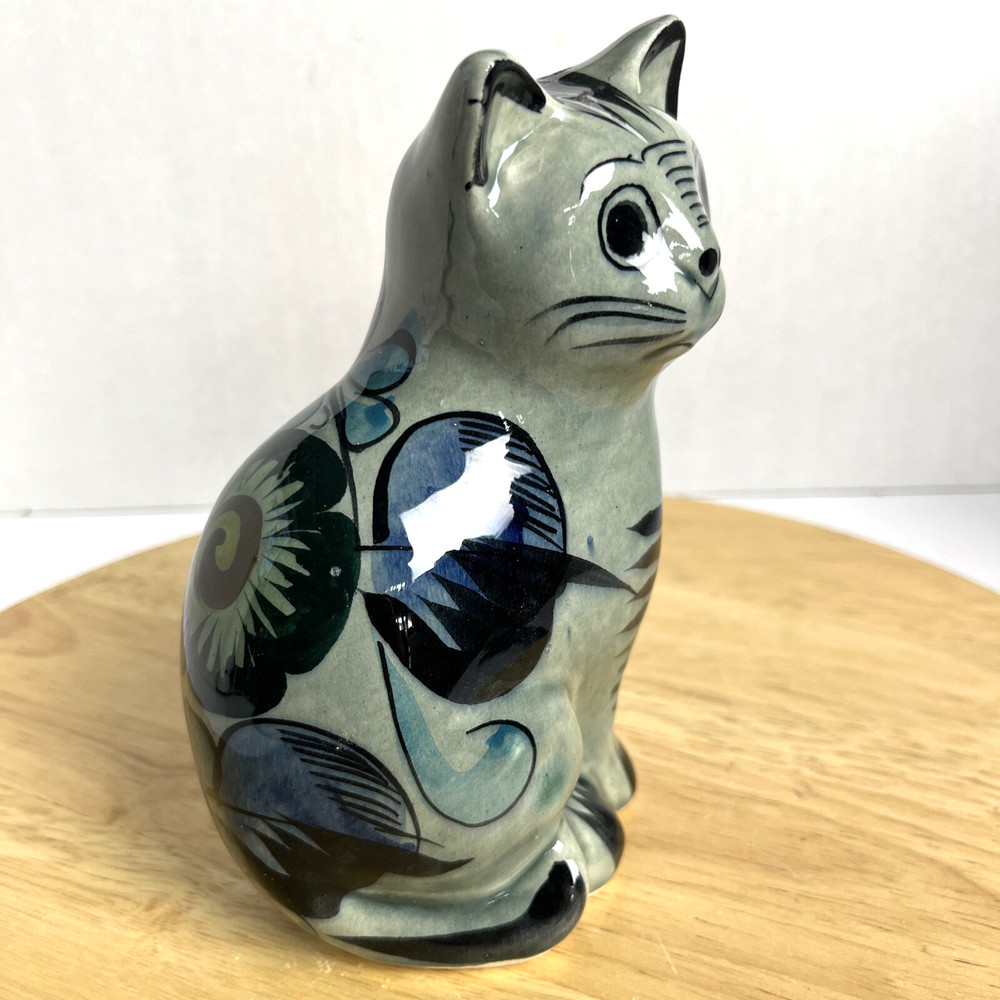 Vintage Tonala Cat Signed Hand Painted Floral Ceramic Mexico Folk Art Pottery