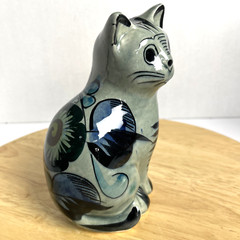 Vintage Tonala Cat Signed Hand Painted Floral Ceramic Mexico Folk Art Pottery