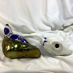 LOT of 2 Mexico Brass & Pottery QUAIL Bird Sculpture Figurines Mexican Art