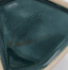 Signed Vintage Mexican Pottery Padilla Kokopelli Flat Mug Drip Glaze Green Blue