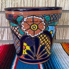 Lg MEXICAN TALAVERA Folk Art POTTERY FLOWER POT PLANTER CERAMIC #1
