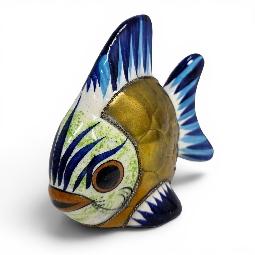 Vintage Tonala Ceramic Mexican Pottery Brass Fish Sculpture Folk Art 4.5HX5.5L