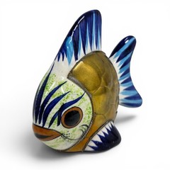 Vintage Tonala Ceramic Mexican Pottery Brass Fish Sculpture Folk Art 4.5HX5.5L