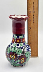 Talavera Small La Corona Pottery Vase Flowers Plum Green Blue Signed 5.5″ Tall