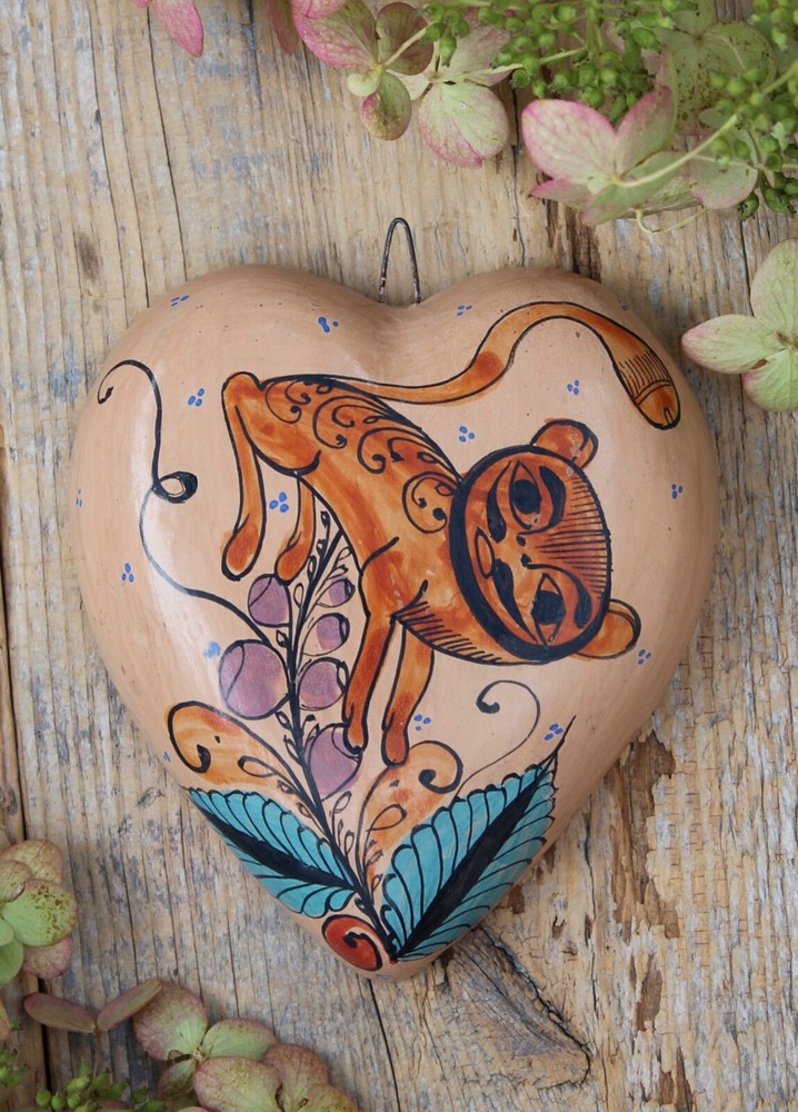 Hand Painted Clay Heart Shapeshifter Nagual Medrano Mexico Folk Art Love Token