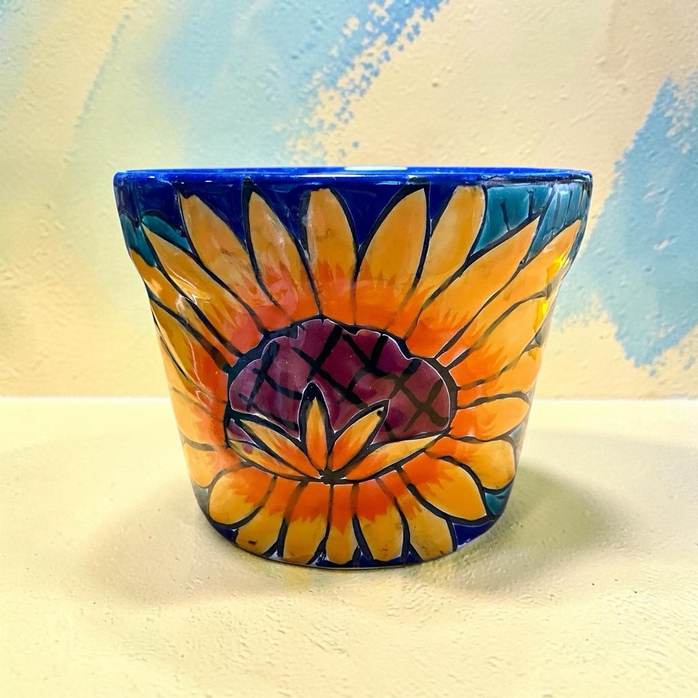 Mexican Sunflower Flower Pot Planter Folk Art Pottery Handmade Talavera Small