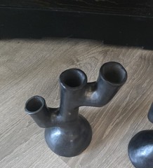 Pair Barro Candle Holders Oazaca Mexican Black Clay Folk Art Pottery Mexico