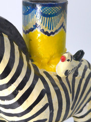 Vintage Mexican Folk Art Candle Holder Handmade Zebra Birds Clay Pottery Large