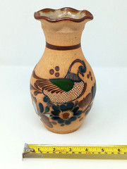 Tonala Mexico 8.25″ Vase sandstone Pottery hand painted enamel Quail & flowers