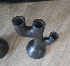 Pair Barro Candle Holders Oazaca Mexican Black Clay Folk Art Pottery Mexico