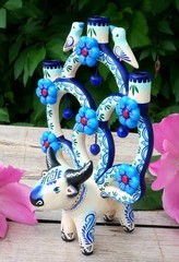 Tree of Life Candelabra Bull Birds Flowers Handmade Clay Mexico Folk Art Tiny Sz