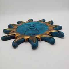 Mexican Folk Art Sun Face Wall Hanging – 12″ Turquoise Blue Copper Brass Metal