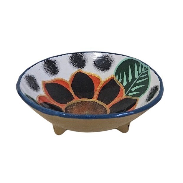 Hand Painted Mexican Pottery Dish Sunflower Design Rustic Tabletop Decor