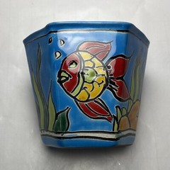Mexican Folk Art Pottery Octagon Planter 3.75″ Ocean Fish Pattern Plant Pot