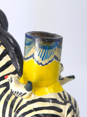 Vintage Mexican Folk Art Candle Holder Handmade Zebra Birds Clay Pottery Large
