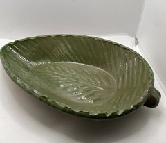 Pottery Leaf Shape Bowl Green Brown Mexican Ware Vintage