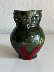 Vintage Mexican Folk Art Pottery Vase Green Glaze Red Decor Rope Handle