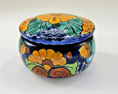 Talavera Mexican Pottery Hand Painted Round Trinket Box With Lid Terracotta 2.5″