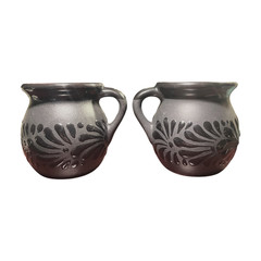 Set of 2 Black Pottery Coffee Mugs Handmade Mexico Talavera Style Folk Art Cups