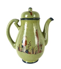 Vintage Tlaquepaque Pottery Green Pitcher with Lid Hand Painted Mexico 1940s 9″