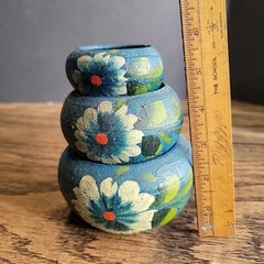 Mexico souvenir pottery hand painted blue set Of 3 tiny Collect Flower Pot Red C
