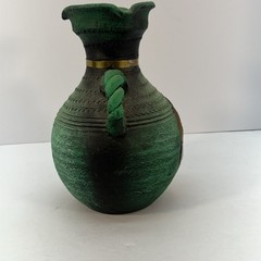 Stunning 9″x 7″ Vintage Mexican Pottery Vase Adorned w/Terracotta Copper & Brass