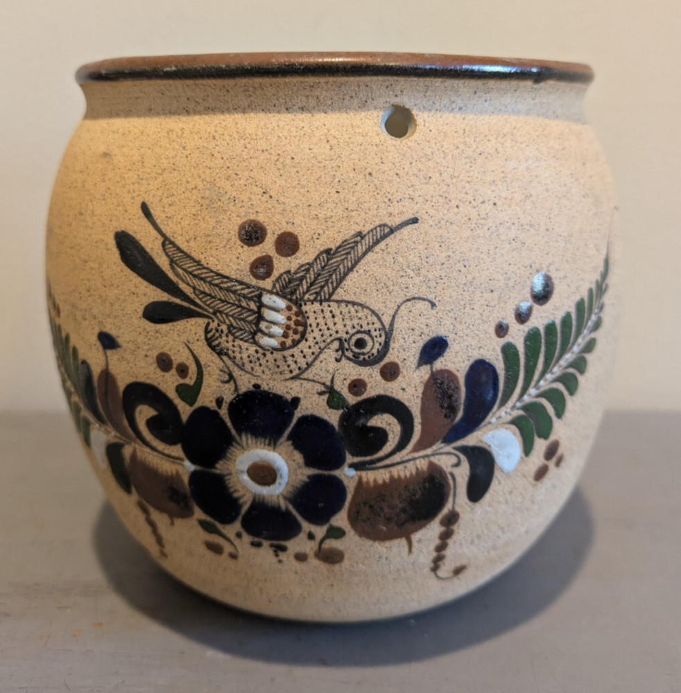 Netzi Tonala Plant Hanger Pot w Drainage Hole Mexican Stoneware Pottery Signed