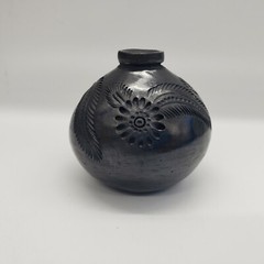 Vintage Oaxaca pottery vase black round floral carved design pot Mexico 2.25 h