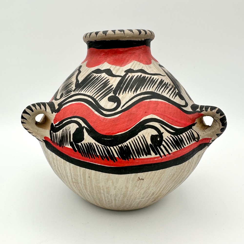 Vtg Handmade Mexican Pottery Round Vase 3 Handles Red Black Clay Hecho en Mexico