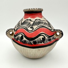 Vtg Handmade Mexican Pottery Round Vase 3 Handles Red Black Clay Hecho en Mexico