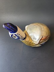 Vintage Mexican Pottery Folk Art Shelf Sitter Diving Duck Bird Armored Brass