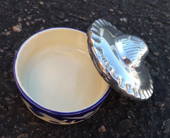 Round Blue Floral Trinket Box Round Blue Silver Shell Mexico Vintage