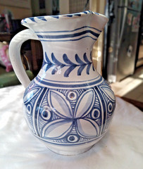 Classic White Glazed Base Spanish Talavera Ceramic Pitcher 8 inches tall