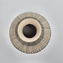 Mata Ortiz Round Geometric Pot with Wooden Display Base Signed Juan Mora
