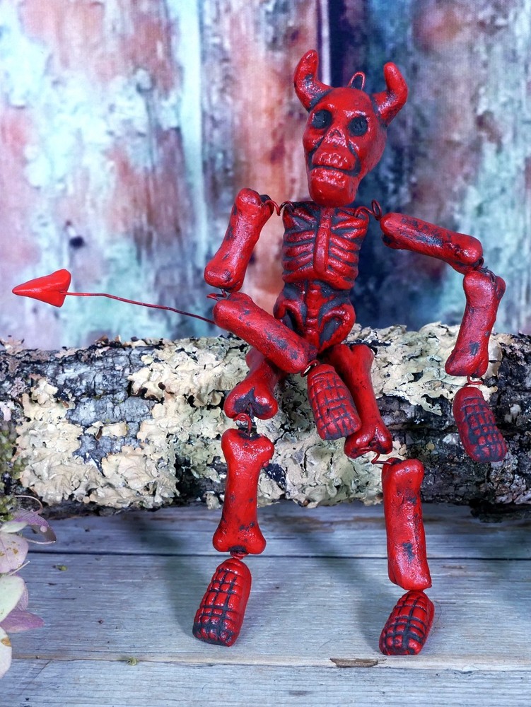 Red Devil Skeleton Clay Adjustable Handmade Pineda Mexican Folk Art Small Size