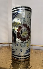 Mexico Tonala Pottery Cylinder Vase Flowers Floral Yellow Blue Green Art D8