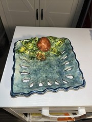 Mexican Majolica Green 3D Folk Art Wall Pottery Mellado Gto Fruit Wavy