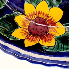 Set of 2 Mexican Pottery Signed Yellow Sunflower Bowls Cobalt Blue Oval & Round