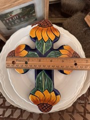 Talavera Multi Color Terra Cotta Cross Handmade in Mexico Sunflower Cobalt Blue