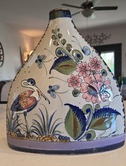 Tonala El Palomar Signed Mexico Pottery Vase w/ Birds Plants & Butterflies. 13”