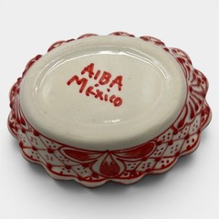 Vintage AIBA Mexico Red Hand Painted Pottery Bowl Scalloped Floral 5.25”