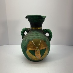 Stunning 9″x 7″ Vintage Mexican Pottery Vase Adorned w/Terracotta Copper & Brass
