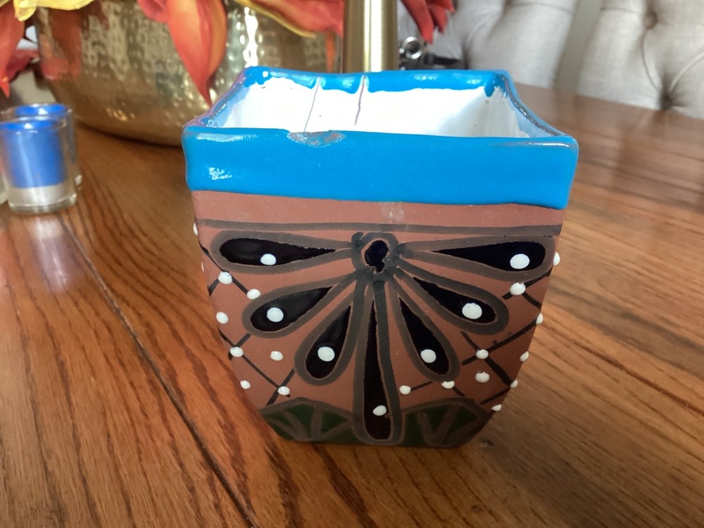 Mexican Talavera Planter Pot Hand Painted Floral Folk Art Pottery Ceramic 5”x4”