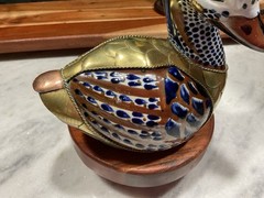 VTG Hand-Painted Tonala Mexican Pottery & Brass Duck Figurine