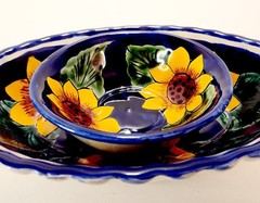 Set of 2 Mexican Pottery Signed Yellow Sunflower Bowls Cobalt Blue Oval & Round