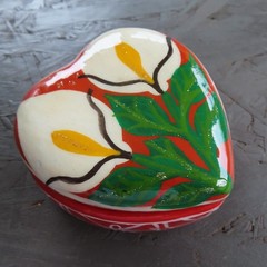 Mexican Pottery Trinket Box Heart Shape Flowers Calla Lily Hand Painted Folk Art