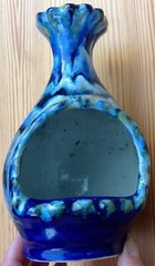 Mexican ceramic chiminea candle holder signed Reyna blue drip glaze tabletop 7½”