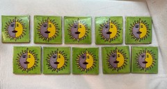 VTG Mexican Talavera Tiles Set 10 Sun Moon Face Hand Painted Green 4in